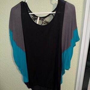 Kiwi Black and Teal Top with Sheer Black Lace Back
